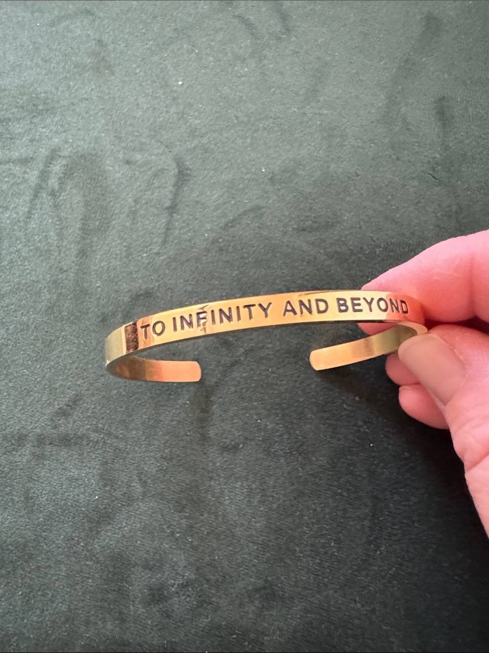 Gold Tone Cuff Bracelet - "TO INFINITY AND BEYOND" Toy Story saying